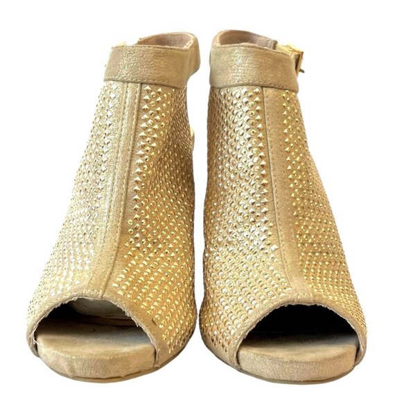 Jennifer Lopez Sasha Bling Champagne Suede Slingback Gold Stud Peep Toe Heels-9M - Picture 7 of 15